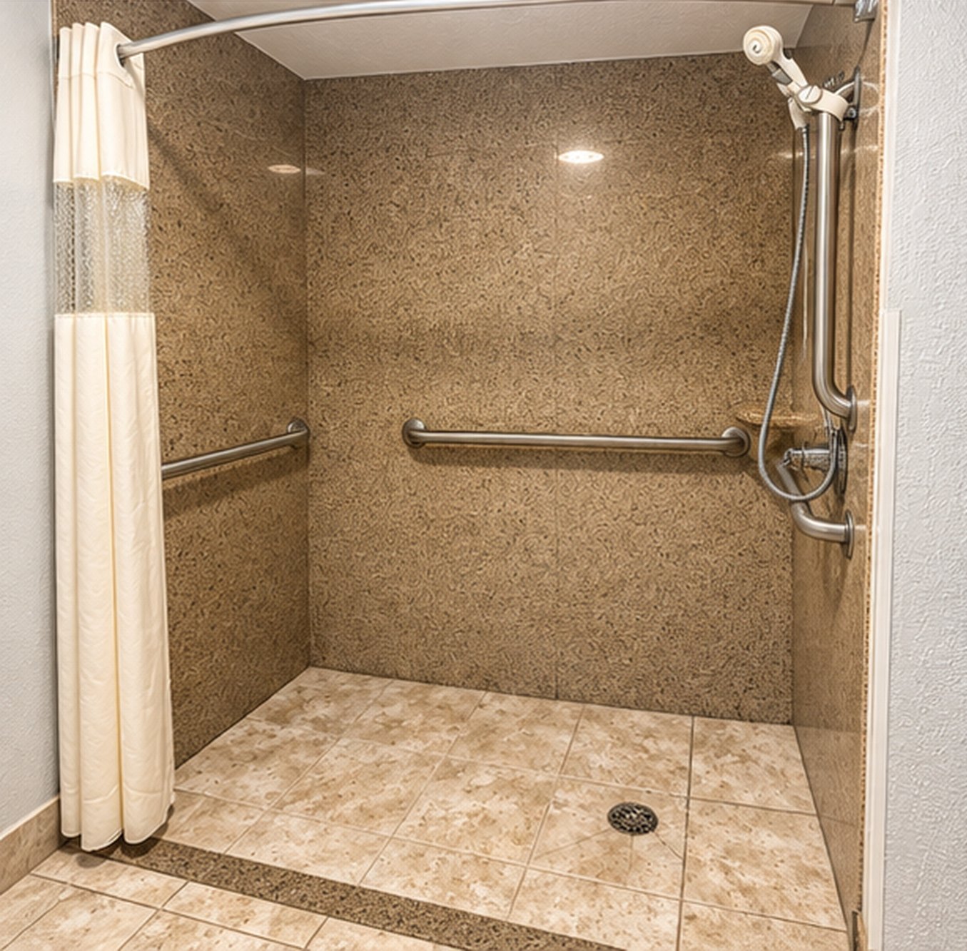Roll-in shower in the Accessible Queen Room