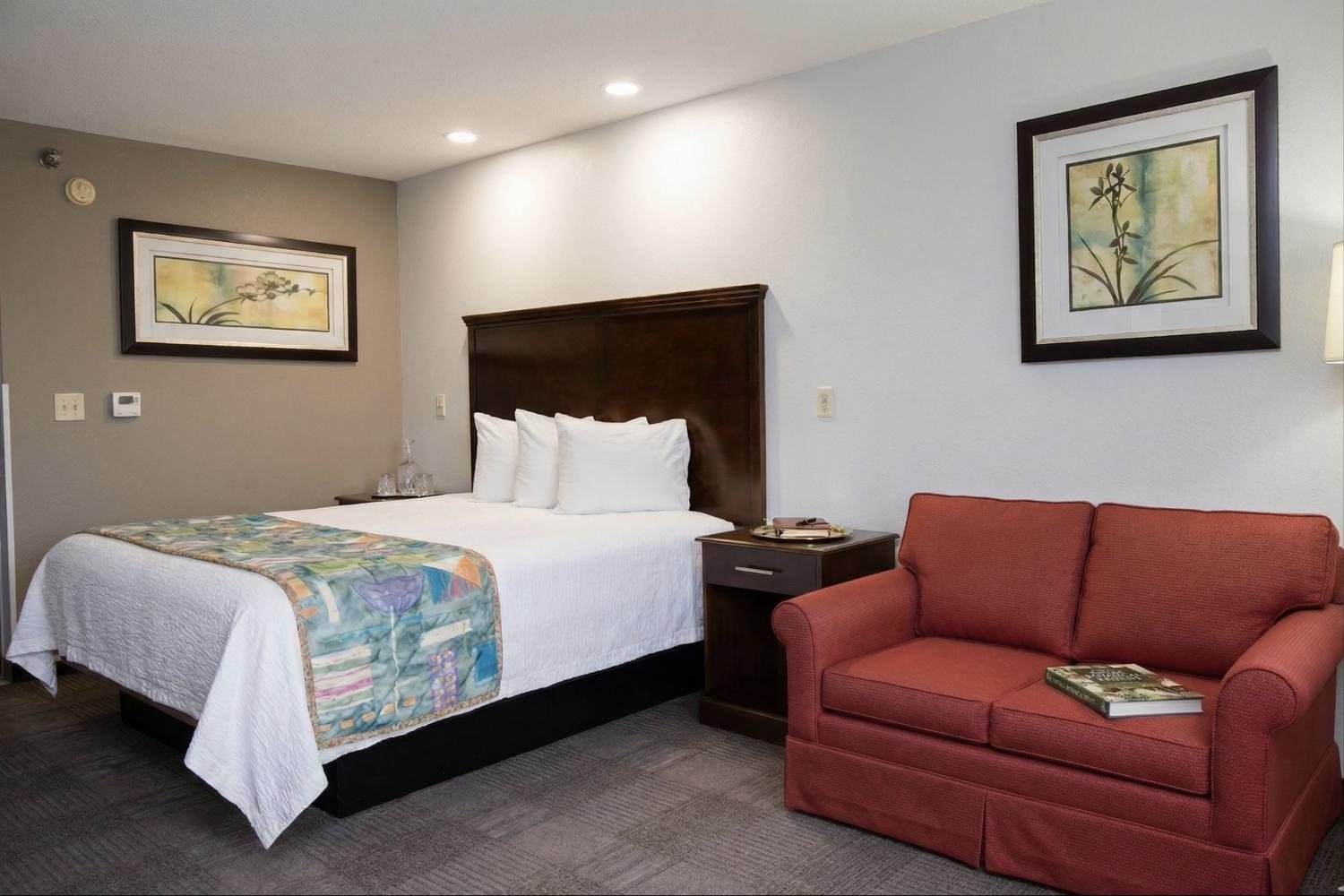 King room with a king bed and a red loveseat